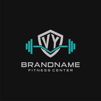 Creative letter VY logo design for gym or fitness with simple shield and barbell design style vector