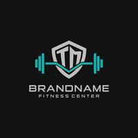 Creative letter TM logo design for gym or fitness with simple shield and barbell design style vector
