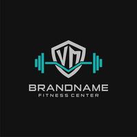 Creative letter VM logo design for gym or fitness with simple shield and barbell design style vector