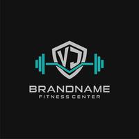 Creative letter VJ logo design for gym or fitness with simple shield and barbell design style vector