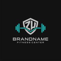 Creative letter ZW logo design for gym or fitness with simple shield and barbell design style vector