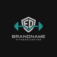 Creative letter EO logo design for gym or fitness with simple shield and barbell design style vector