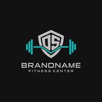 Creative letter DS logo design for gym or fitness with simple shield and barbell design style vector