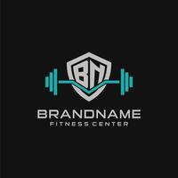 Creative letter BN logo design for gym or fitness with simple shield and barbell design style vector