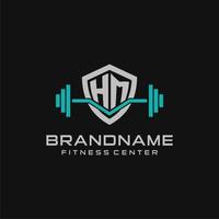 Creative letter HM logo design for gym or fitness with simple shield and barbell design style vector