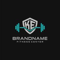 Creative letter KE logo design for gym or fitness with simple shield and barbell design style vector