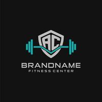 Creative letter AC logo design for gym or fitness with simple shield and barbell design style vector