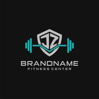 Creative letter JZ logo design for gym or fitness with simple shield and barbell design style vector