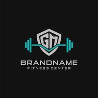 Creative letter GM logo design for gym or fitness with simple shield and barbell design style vector