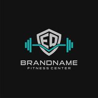 Creative letter EQ logo design for gym or fitness with simple shield and barbell design style vector