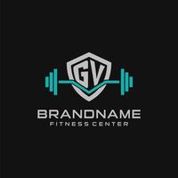 Creative letter GV logo design for gym or fitness with simple shield and barbell design style vector