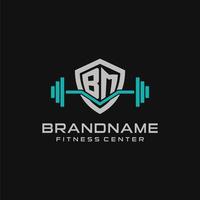 Creative letter BM logo design for gym or fitness with simple shield and barbell design style vector