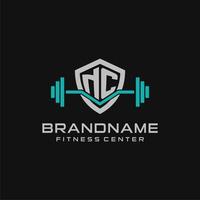 Creative letter NC logo design for gym or fitness with simple shield and barbell design style vector