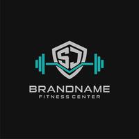 Creative letter SJ logo design for gym or fitness with simple shield and barbell design style vector
