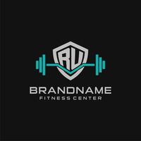 Creative letter RU logo design for gym or fitness with simple shield and barbell design style vector