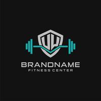 Creative letter UW logo design for gym or fitness with simple shield and barbell design style vector