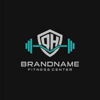 Creative letter QH logo design for gym or fitness with simple shield and barbell design style vector