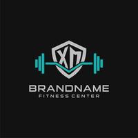 Creative letter XM logo design for gym or fitness with simple shield and barbell design style vector