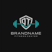 Creative letter QT logo design for gym or fitness with simple shield and barbell design style vector