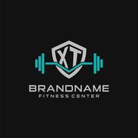 Creative letter XT logo design for gym or fitness with simple shield and barbell design style vector