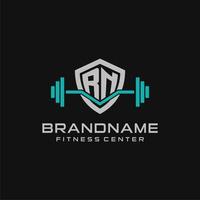 Creative letter RN logo design for gym or fitness with simple shield and barbell design style vector