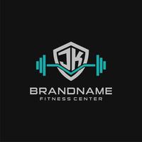 Creative letter JK logo design for gym or fitness with simple shield and barbell design style vector