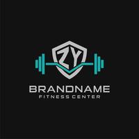 Creative letter ZY logo design for gym or fitness with simple shield and barbell design style vector