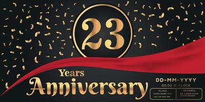 23rd years anniversary celebration logo on dark background with golden numbers and golden abstract confetti vector design