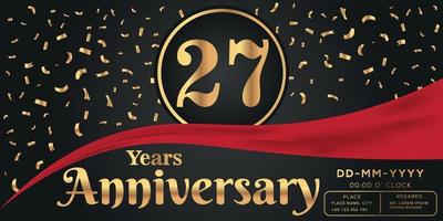 27th years anniversary celebration logo on dark background with golden numbers and golden abstract confetti vector design