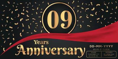 09th years anniversary celebration logo on dark background with golden numbers and golden abstract confetti vector design