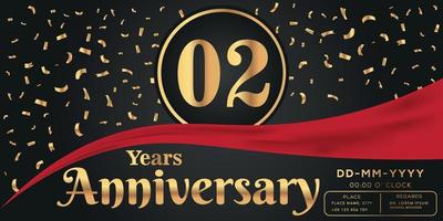 02th years anniversary celebration logo on dark background with golden numbers and golden abstract confetti vector design