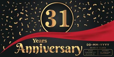 31st years anniversary celebration logo on dark background with golden numbers and golden abstract confetti vector design