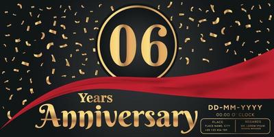 06th years anniversary celebration logo on dark background with golden numbers and golden abstract confetti vector design