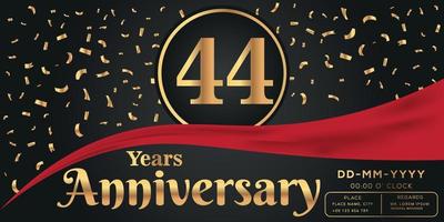 44th years anniversary celebration logo on dark background with golden numbers and golden abstract confetti vector design