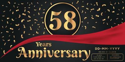 58th years anniversary celebration logo on dark background with golden numbers and golden abstract confetti vector design