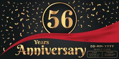 56th years anniversary celebration logo on dark background with golden numbers and golden abstract confetti vector design