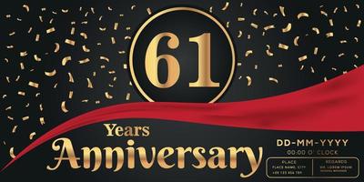 61th years anniversary celebration logo on dark background with golden numbers and golden abstract confetti vector design