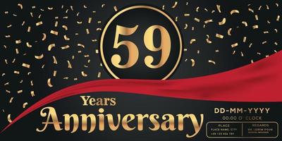 59th years anniversary celebration logo on dark background with golden numbers and golden abstract confetti vector design