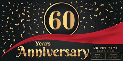 60th years anniversary celebration logo on dark background with golden numbers and golden abstract confetti vector design