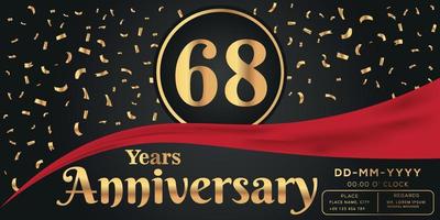 68th years anniversary celebration logo on dark background with golden numbers and golden abstract confetti vector design