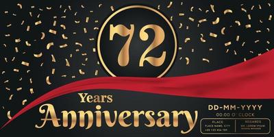 72nd years anniversary celebration logo on dark background with golden numbers and golden abstract confetti vector design