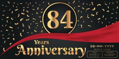 84th years anniversary celebration logo on dark background with golden numbers and golden abstract confetti vector design