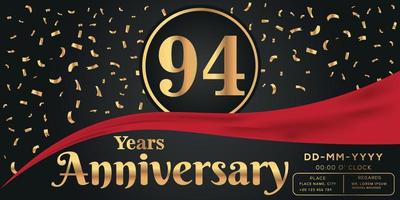 94th years anniversary celebration logo on dark background with golden numbers and golden abstract confetti vector design