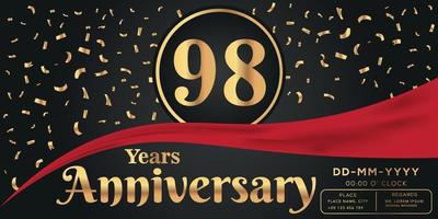 98th years anniversary celebration logo on dark background with golden numbers and golden abstract confetti vector design