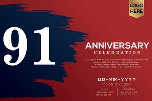 91 years anniversary celebration vector with blue brush isolated on red background with text template design