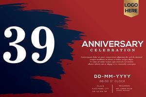 39 years anniversary celebration vector with blue brush isolated on red background with text template design