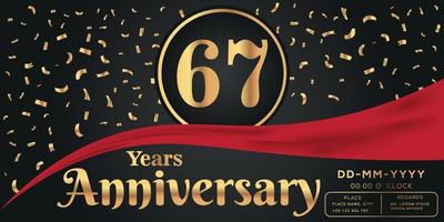 67th years anniversary celebration logo on dark background with golden numbers and golden abstract confetti vector design