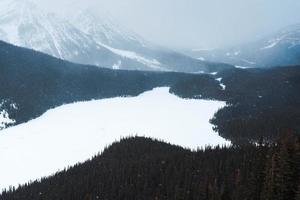 Scenery of Peyto Lake with snow covered in the valley on snowing day at Banff national park photo