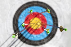 One out of six arrows in the bull's-eye of a sports target photo