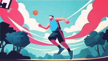 un dibujos animados de un baloncesto jugador laico arriba pelota plano vector ilustración